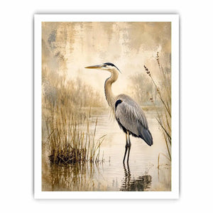Vintage heron marsh wall art with soft neutral tones, textured wetlands, and elegant coastal bird illustration