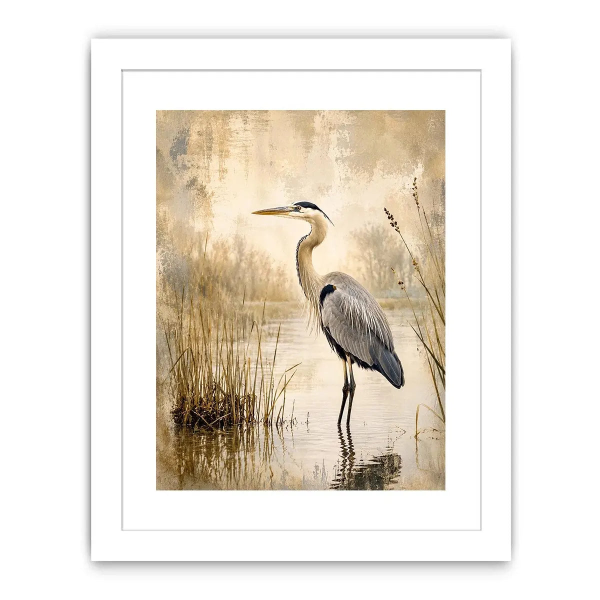 Vintage heron marsh wall art with soft neutral tones, textured wetlands, and elegant coastal bird illustration