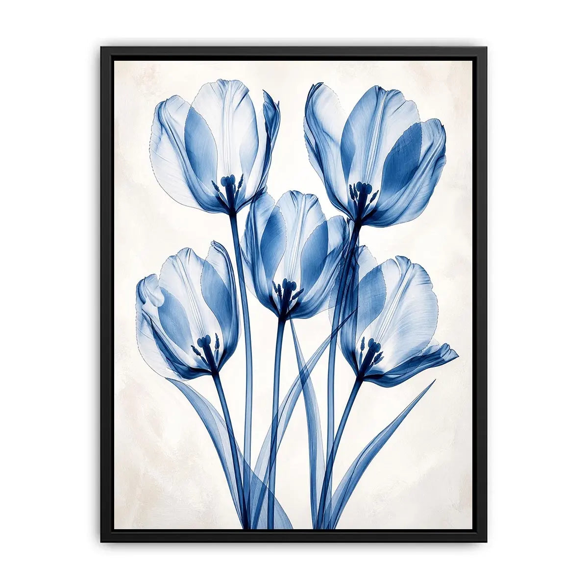 Minimal blue tulip floral wall art with translucent petals and modern botanical elegance for luxury interiors