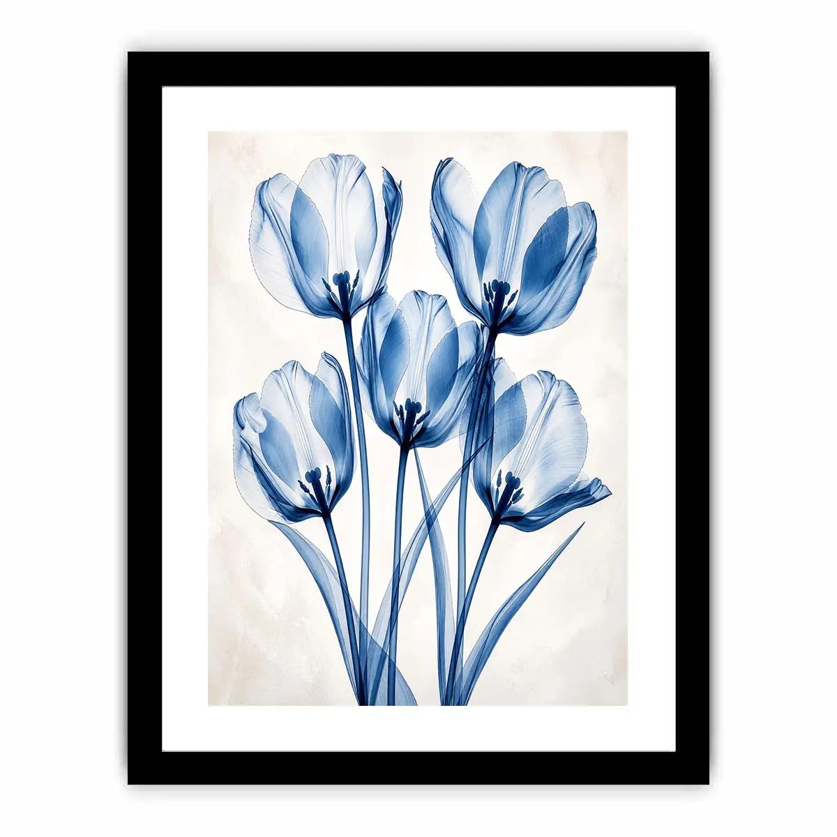 Minimal blue tulip floral wall art with translucent petals and modern botanical elegance for luxury interiors
