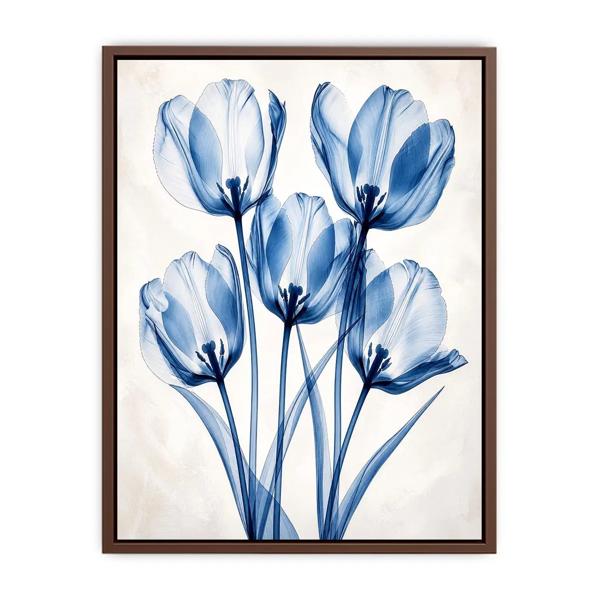 Minimal blue tulip floral wall art with translucent petals and modern botanical elegance for luxury interiors