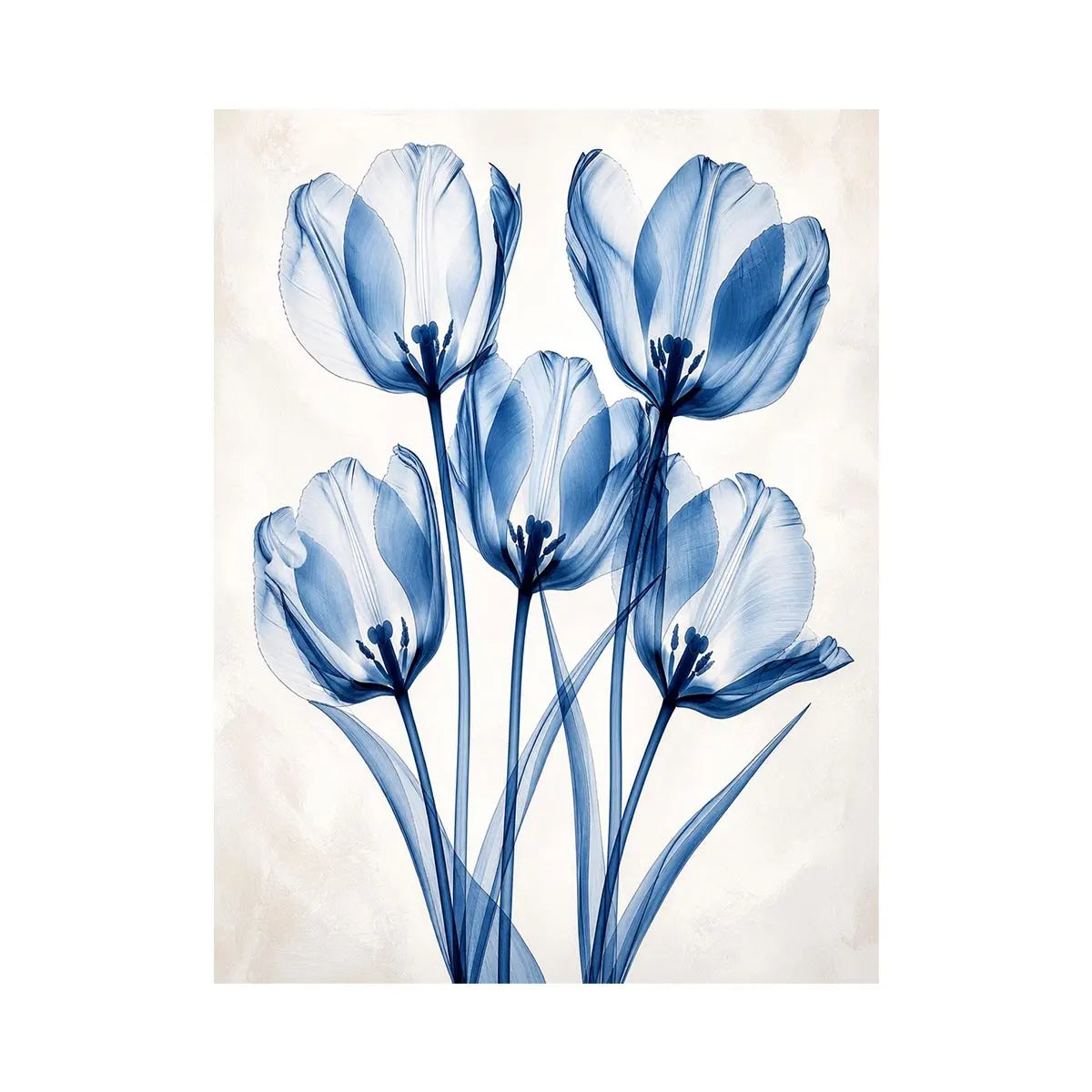 Minimal blue tulip floral wall art with translucent petals and modern botanical elegance for luxury interiors