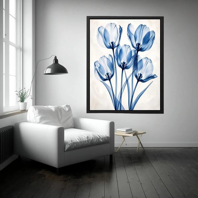 Minimal blue tulip floral wall art with translucent petals and modern botanical elegance for luxury interiors