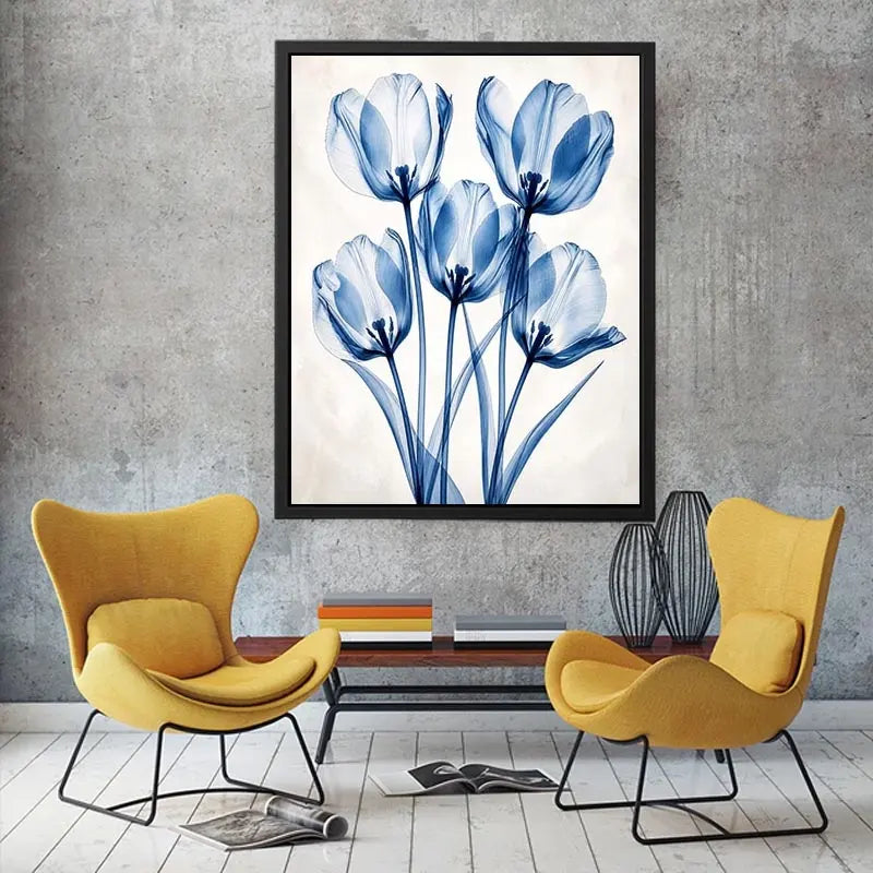 Minimal blue tulip floral wall art with translucent petals and modern botanical elegance for luxury interiors