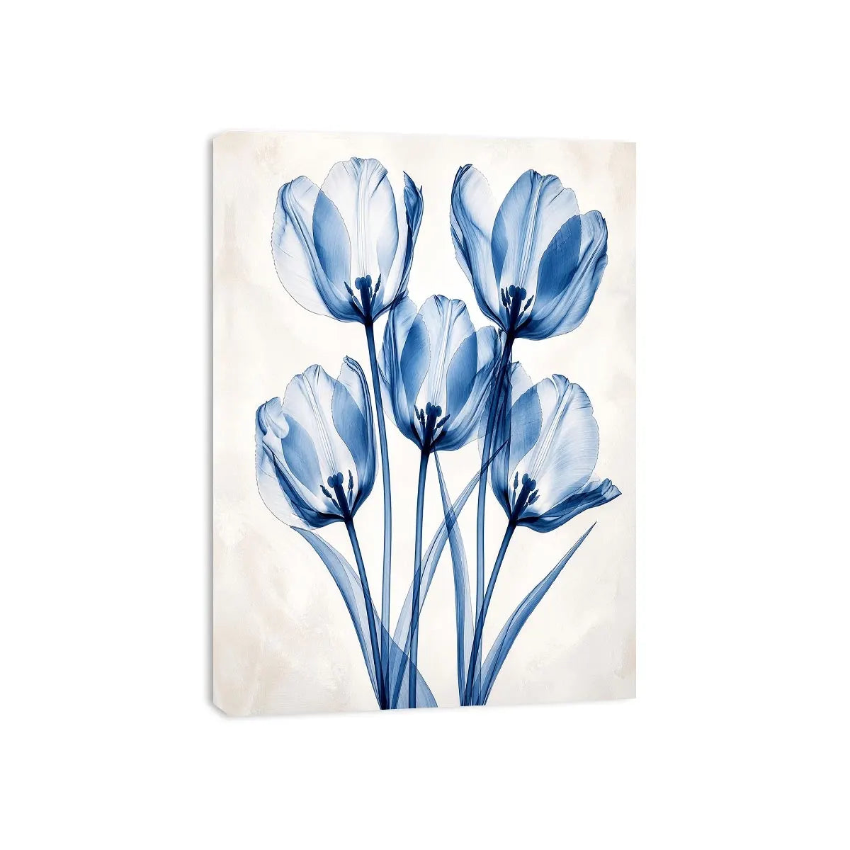 Minimal blue tulip floral wall art with translucent petals and modern botanical elegance for luxury interiors