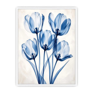 Minimal blue tulip floral wall art with translucent petals and modern botanical elegance for luxury interiors