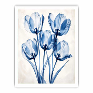 Minimal blue tulip floral wall art with translucent petals and modern botanical elegance for luxury interiors