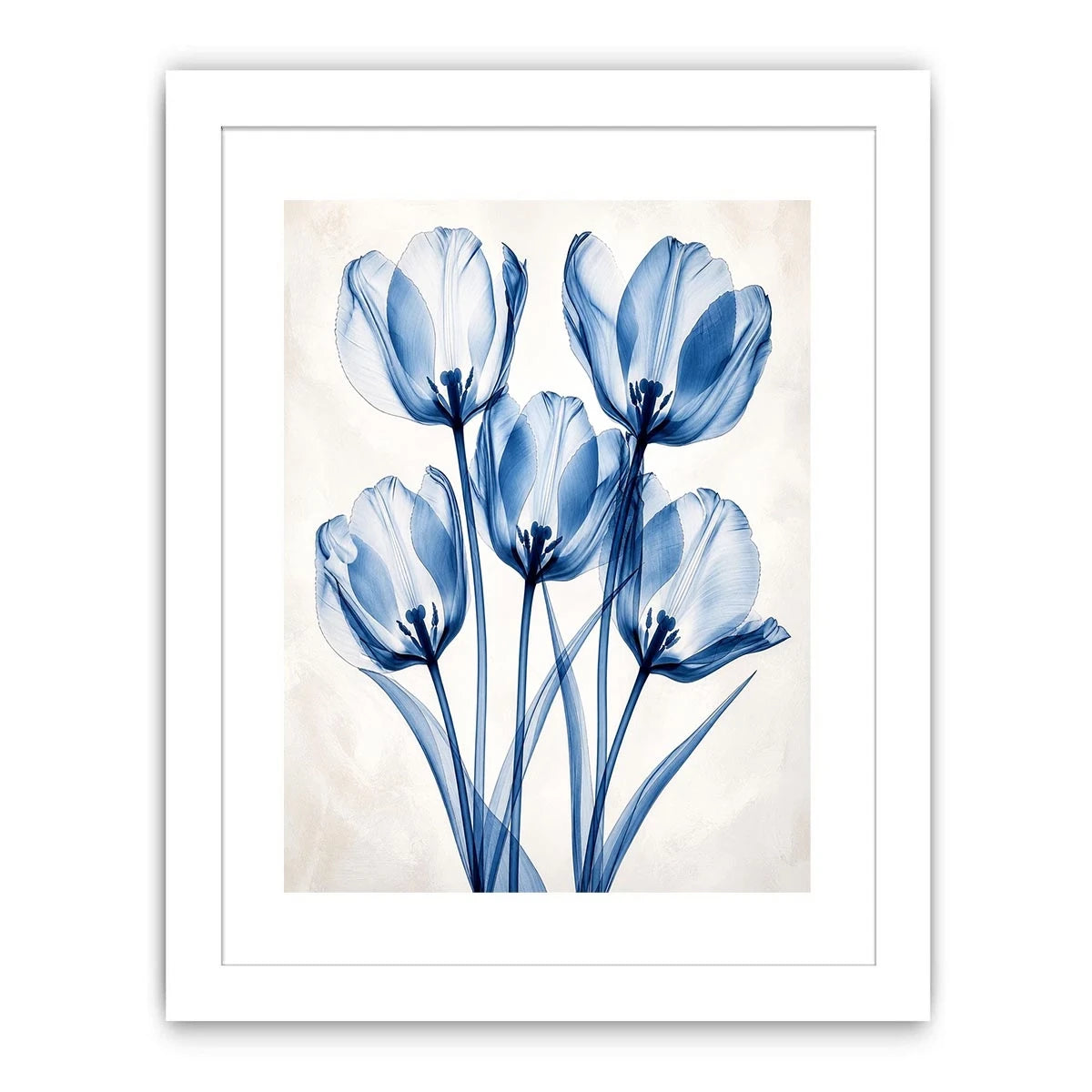 Minimal blue tulip floral wall art with translucent petals and modern botanical elegance for luxury interiors