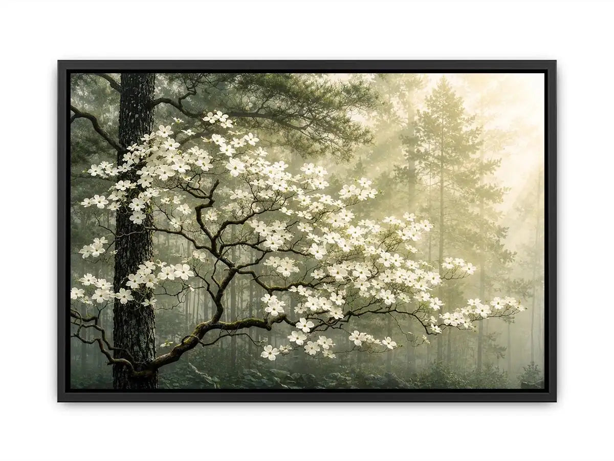 Misty forest dogwood blossom wall art with white flowers and serene green woodland atmosphere for luxury interiors