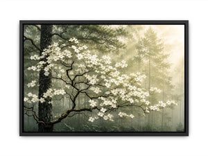 Misty forest dogwood blossom wall art with white flowers and serene green woodland atmosphere for luxury interiors