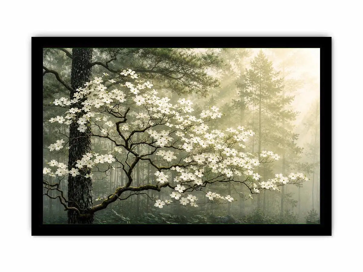 Misty forest dogwood blossom wall art with white flowers and serene green woodland atmosphere for luxury interiors