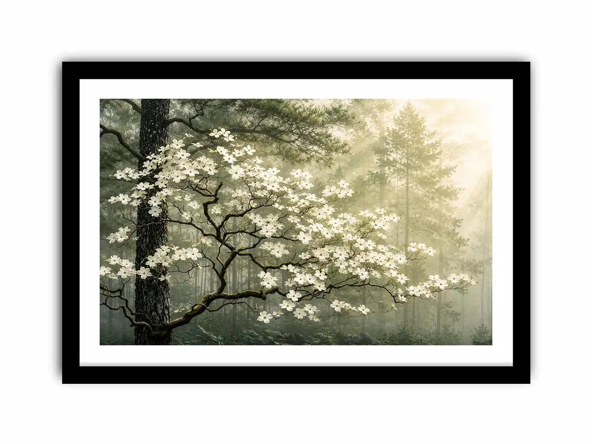 Misty forest dogwood blossom wall art with white flowers and serene green woodland atmosphere for luxury interiors