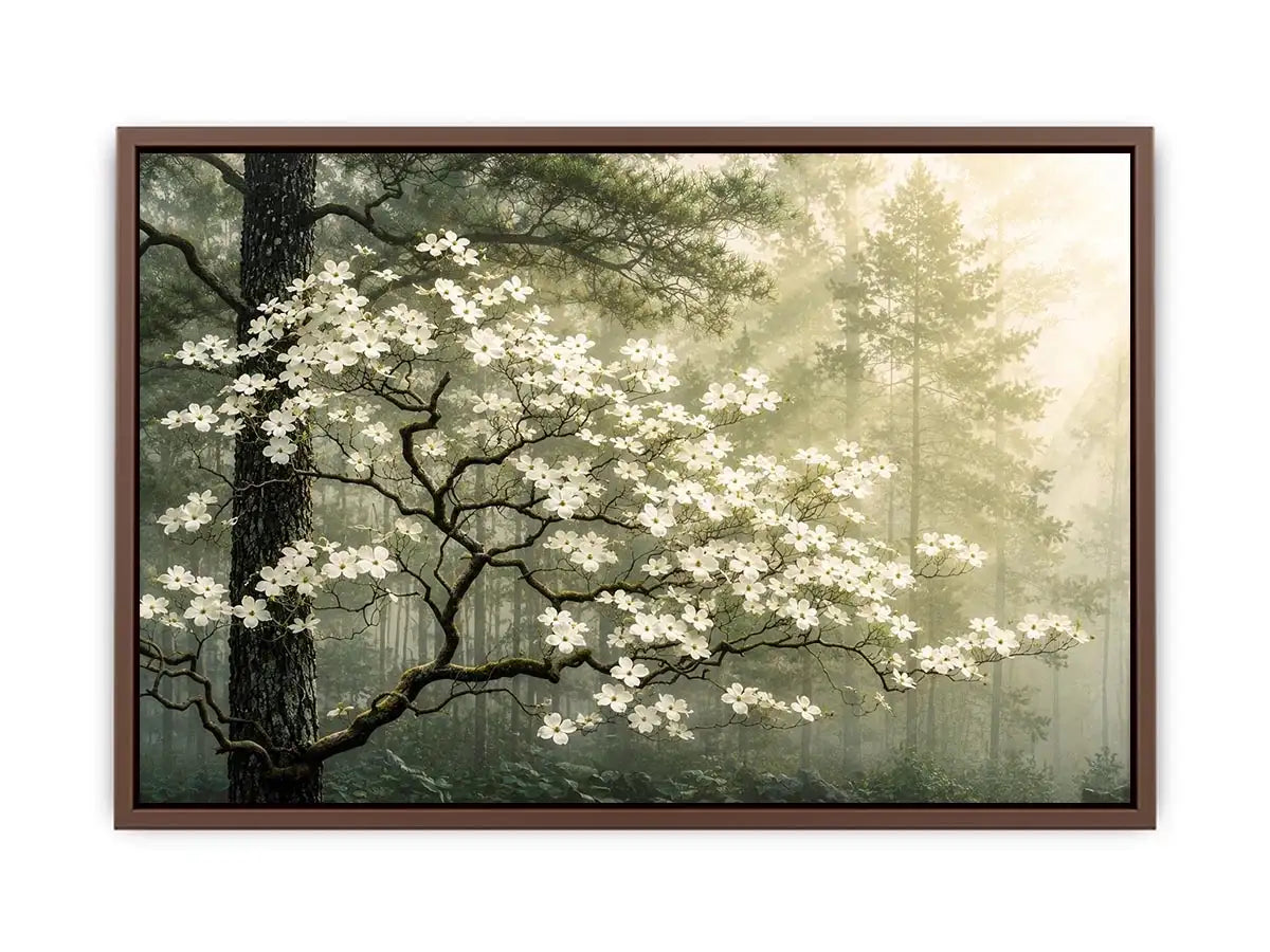 Misty forest dogwood blossom wall art with white flowers and serene green woodland atmosphere for luxury interiors