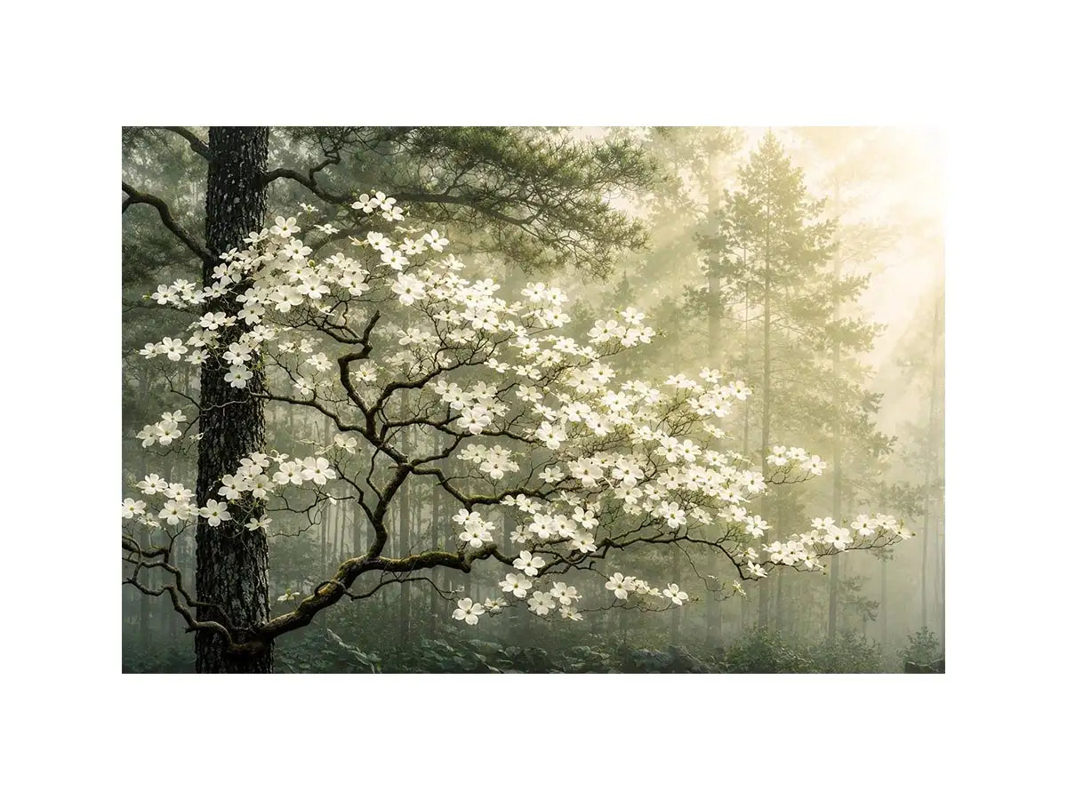 Misty forest dogwood blossom wall art with white flowers and serene green woodland atmosphere for luxury interiors