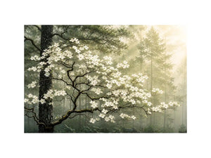 Misty forest dogwood blossom wall art with white flowers and serene green woodland atmosphere for luxury interiors
