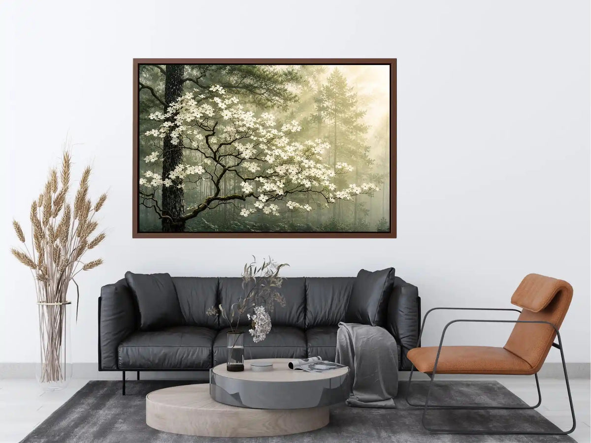 Misty forest dogwood blossom wall art with white flowers and serene green woodland atmosphere for luxury interiors
