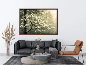Misty forest dogwood blossom wall art with white flowers and serene green woodland atmosphere for luxury interiors