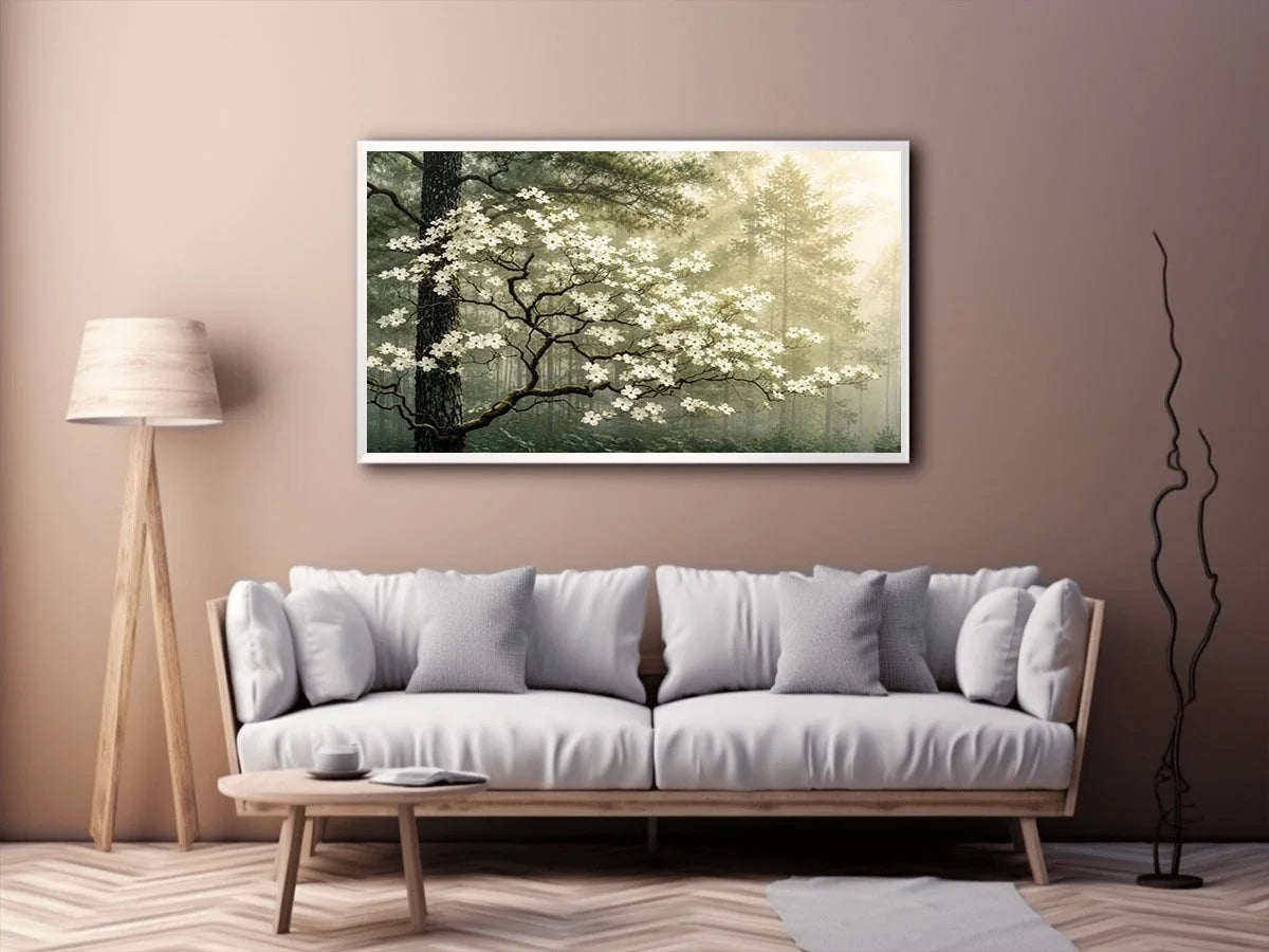 Misty forest dogwood blossom wall art with white flowers and serene green woodland atmosphere for luxury interiors