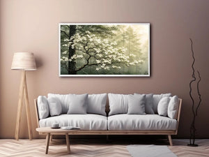 Misty forest dogwood blossom wall art with white flowers and serene green woodland atmosphere for luxury interiors