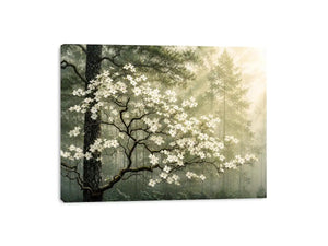 Misty forest dogwood blossom wall art with white flowers and serene green woodland atmosphere for luxury interiors