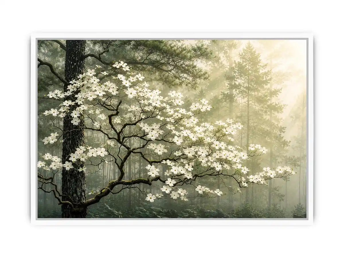 Misty forest dogwood blossom wall art with white flowers and serene green woodland atmosphere for luxury interiors