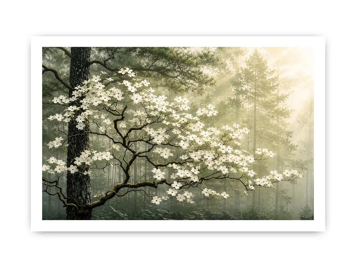Misty forest dogwood blossom wall art with white flowers and serene green woodland atmosphere for luxury interiors