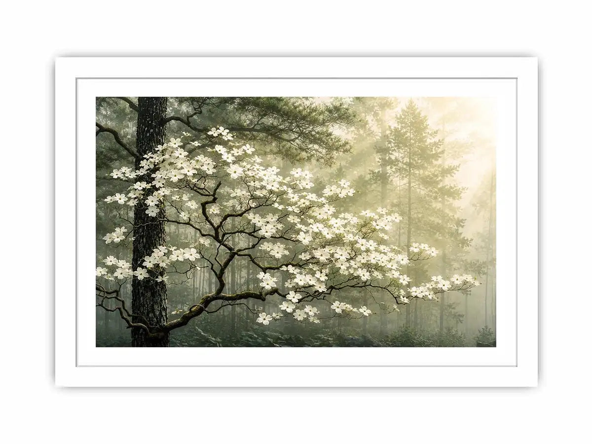 Misty forest dogwood blossom wall art with white flowers and serene green woodland atmosphere for luxury interiors