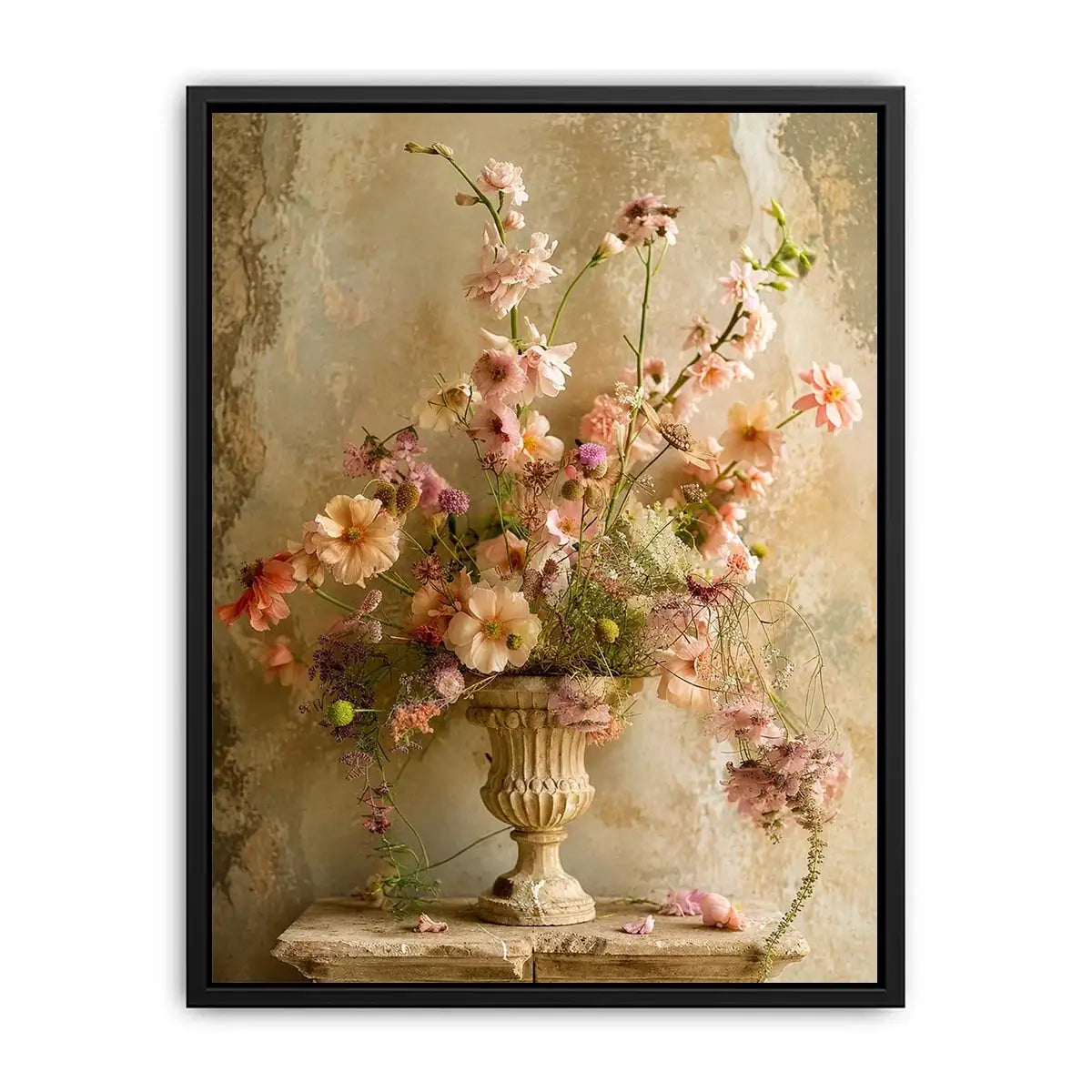Vintage floral vase wall art with soft blush flowers, delicate botanical arrangement, and romantic rustic textures