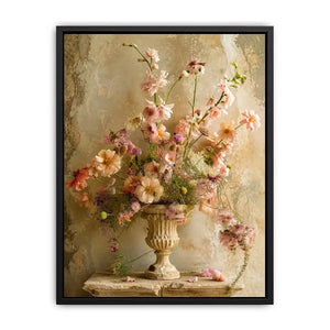 Vintage floral vase wall art with soft blush flowers, delicate botanical arrangement, and romantic rustic textures