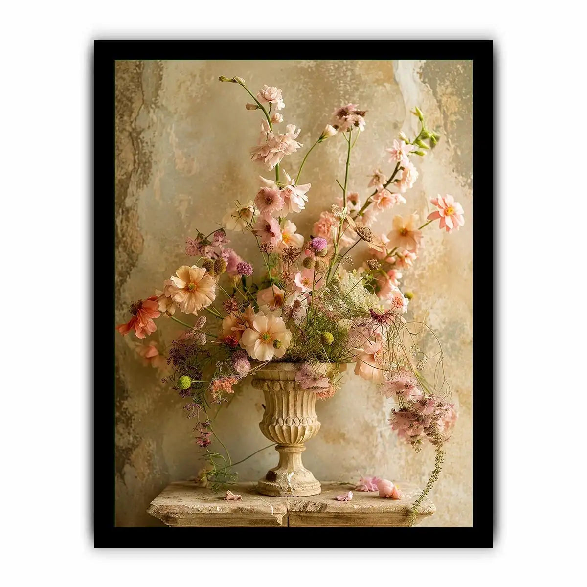 Vintage floral vase wall art with soft blush flowers, delicate botanical arrangement, and romantic rustic textures