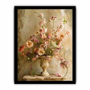 Vintage floral vase wall art with soft blush flowers, delicate botanical arrangement, and romantic rustic textures