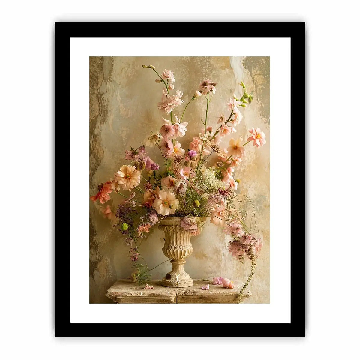 Vintage floral vase wall art with soft blush flowers, delicate botanical arrangement, and romantic rustic textures