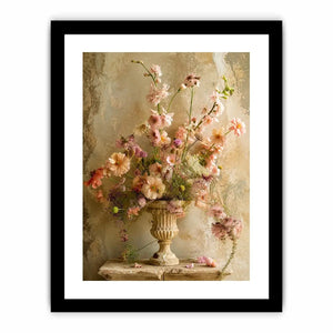 Vintage floral vase wall art with soft blush flowers, delicate botanical arrangement, and romantic rustic textures
