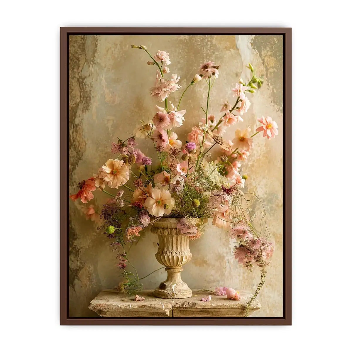 Vintage floral vase wall art with soft blush flowers, delicate botanical arrangement, and romantic rustic textures
