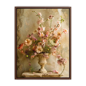 Vintage floral vase wall art with soft blush flowers, delicate botanical arrangement, and romantic rustic textures