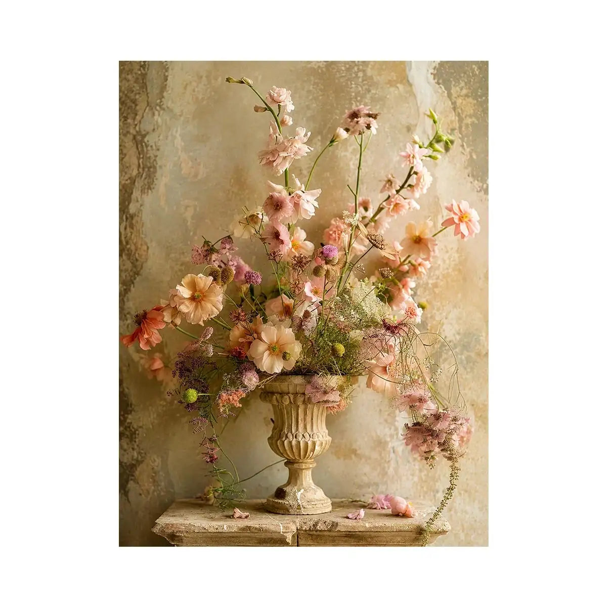Vintage floral vase wall art with soft blush flowers, delicate botanical arrangement, and romantic rustic textures