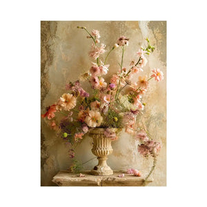 Vintage floral vase wall art with soft blush flowers, delicate botanical arrangement, and romantic rustic textures