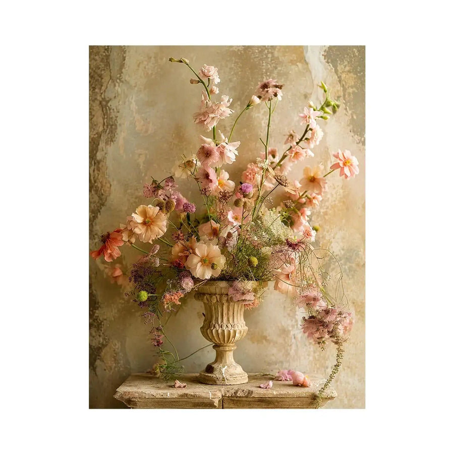 Vintage floral vase wall art with soft blush flowers, delicate botanical arrangement, and romantic rustic textures