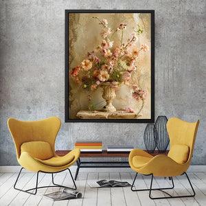 Vintage floral vase wall art with soft blush flowers, delicate botanical arrangement, and romantic rustic textures