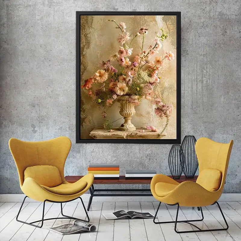 Vintage floral vase wall art with soft blush flowers, delicate botanical arrangement, and romantic rustic textures