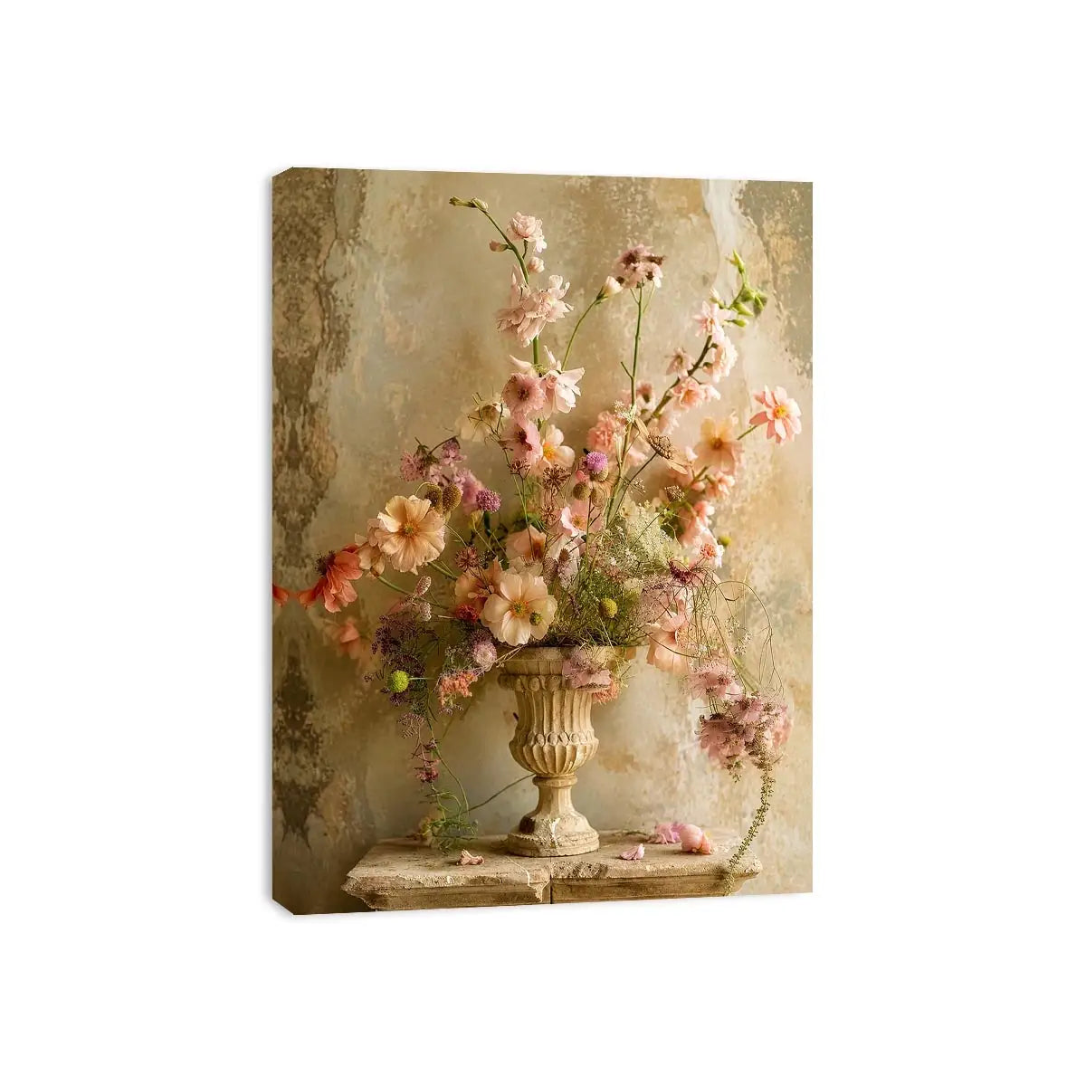 Vintage floral vase wall art with soft blush flowers, delicate botanical arrangement, and romantic rustic textures