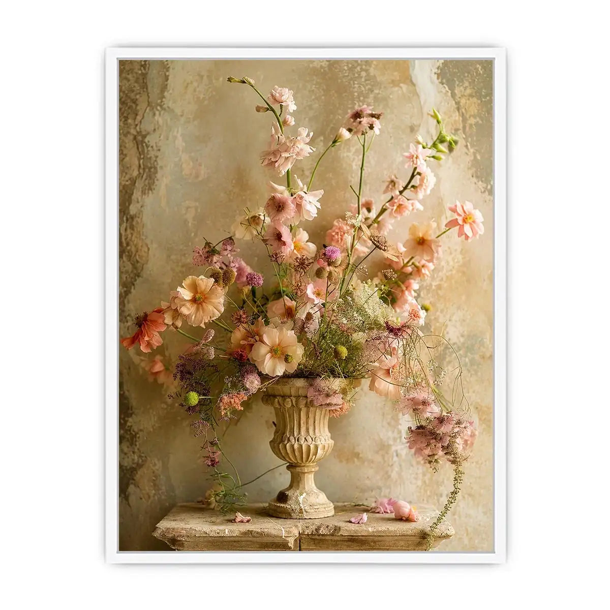 Vintage floral vase wall art with soft blush flowers, delicate botanical arrangement, and romantic rustic textures