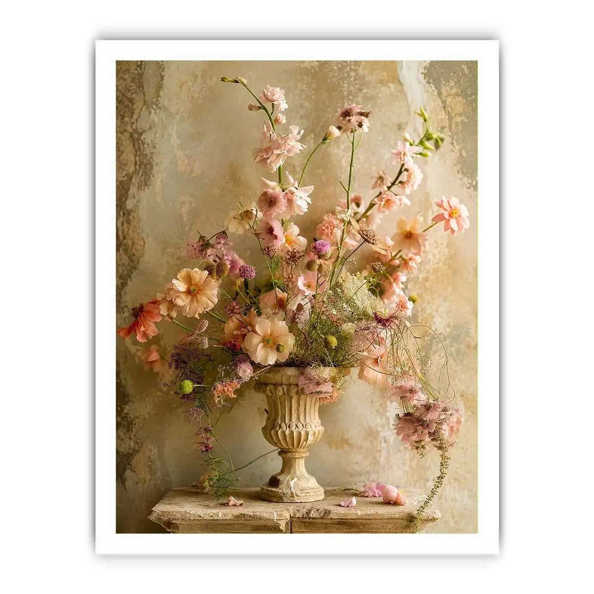 Vintage floral vase wall art with soft blush flowers, delicate botanical arrangement, and romantic rustic textures