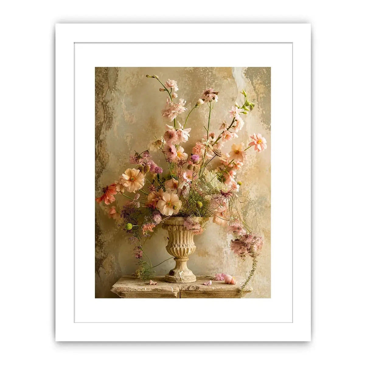 Vintage floral vase wall art with soft blush flowers, delicate botanical arrangement, and romantic rustic textures
