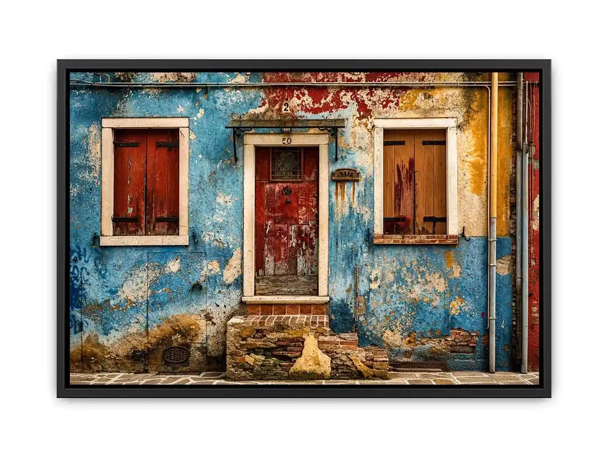 Colorful vintage European facade wall art with distressed blue textures and rustic Mediterranean architecture