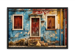 Colorful vintage European facade wall art with distressed blue textures and rustic Mediterranean architecture