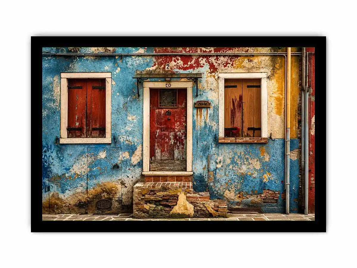 Colorful vintage European facade wall art with distressed blue textures and rustic Mediterranean architecture