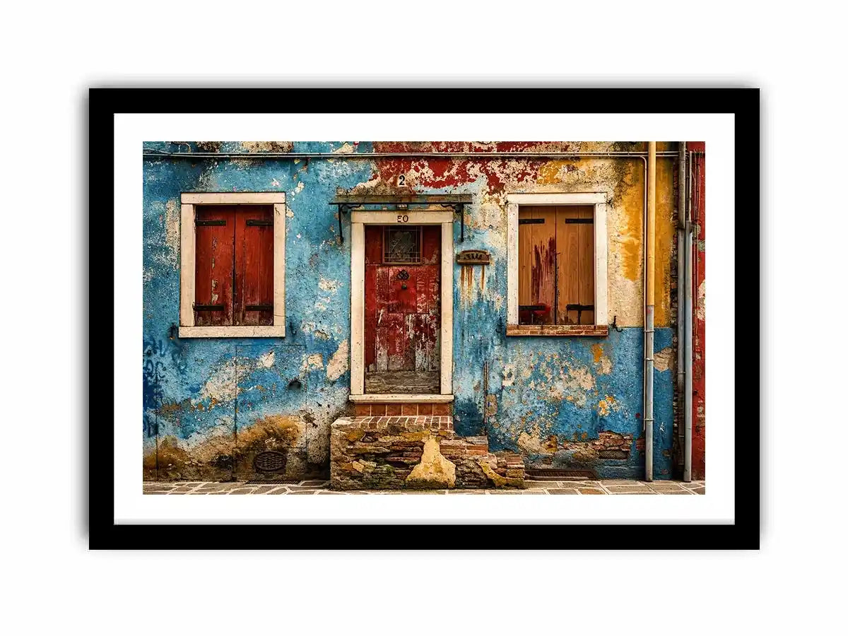 Colorful vintage European facade wall art with distressed blue textures and rustic Mediterranean architecture