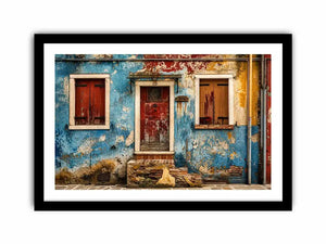 Colorful vintage European facade wall art with distressed blue textures and rustic Mediterranean architecture