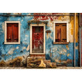 Colorful vintage European facade wall art with distressed blue textures and rustic Mediterranean architecture